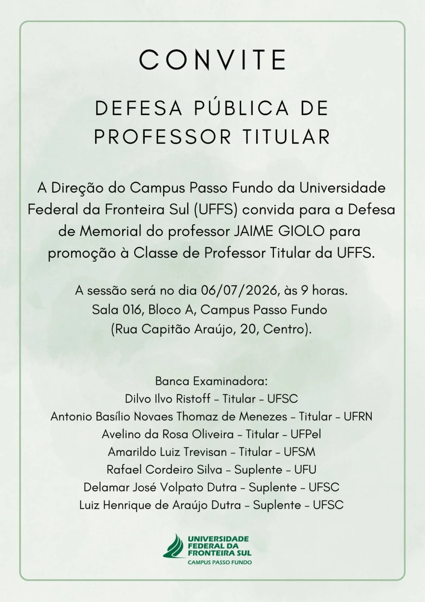 Defesa Pública de Memorial para promoção à Classe de Professor Titular – Jaime Giolo